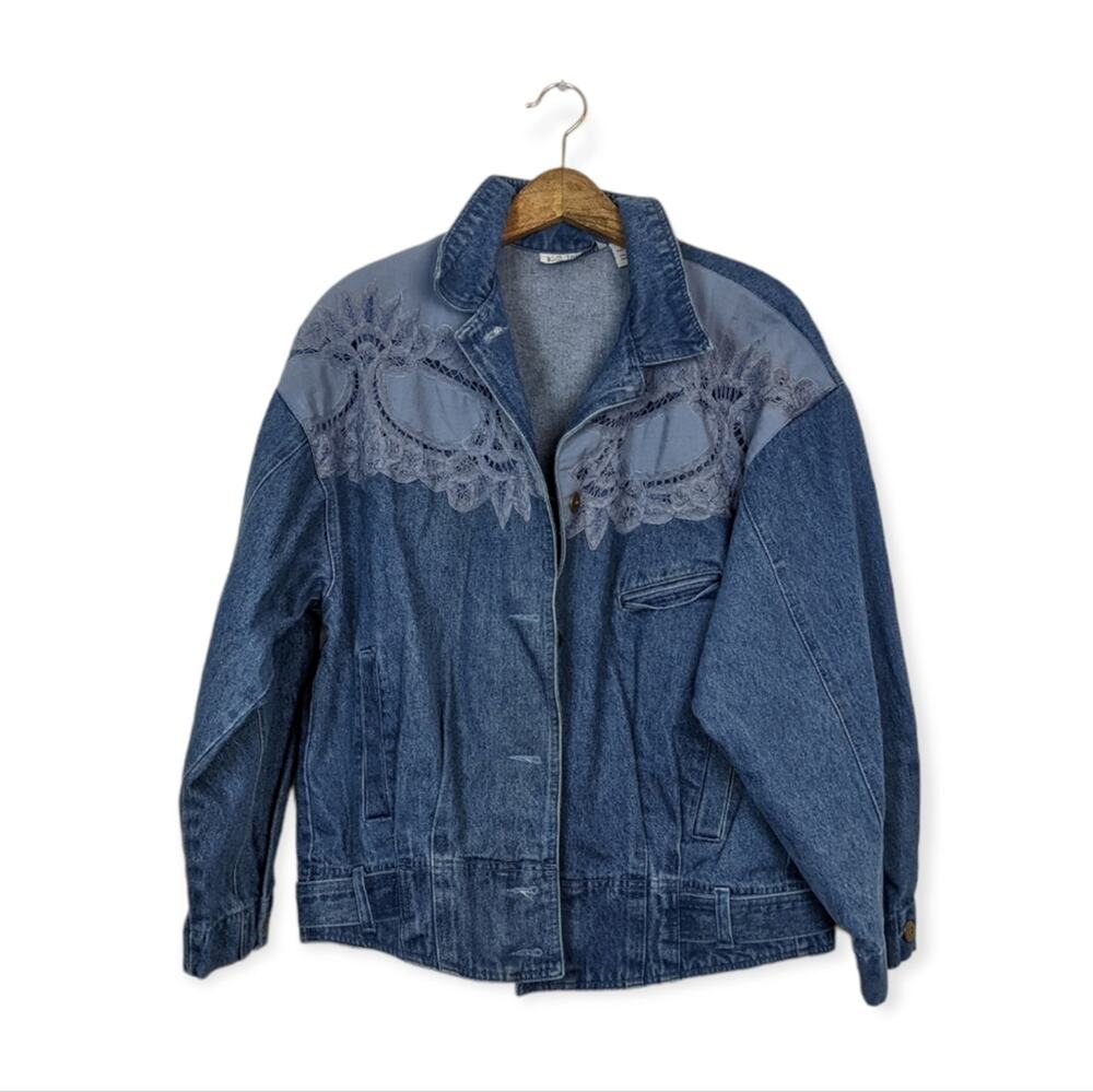 Vintage Together Jean Jacket M Pleated Lace Collar Denim Cottagecore
